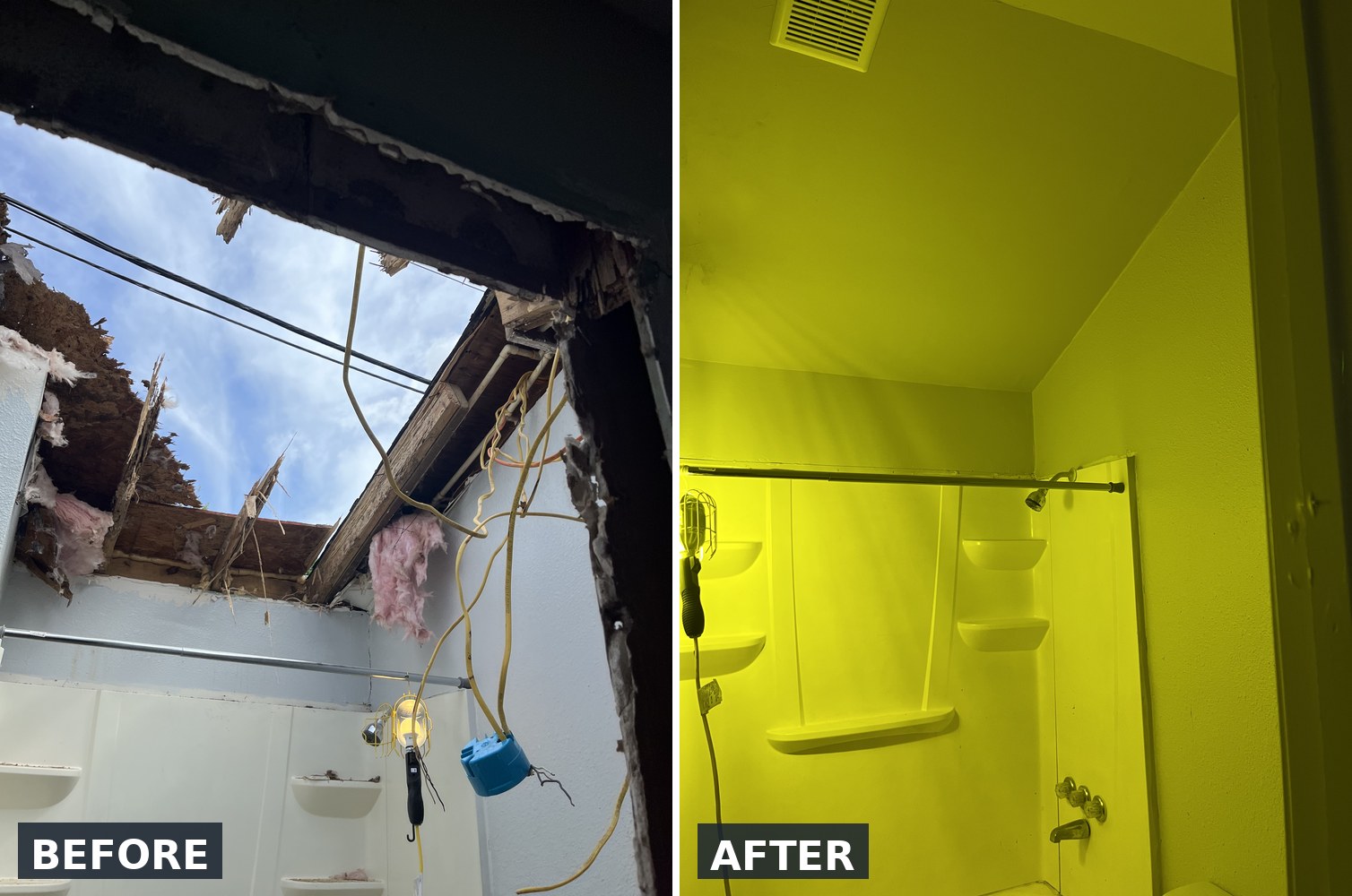 Bathroom ceiling storm damage repair before and after