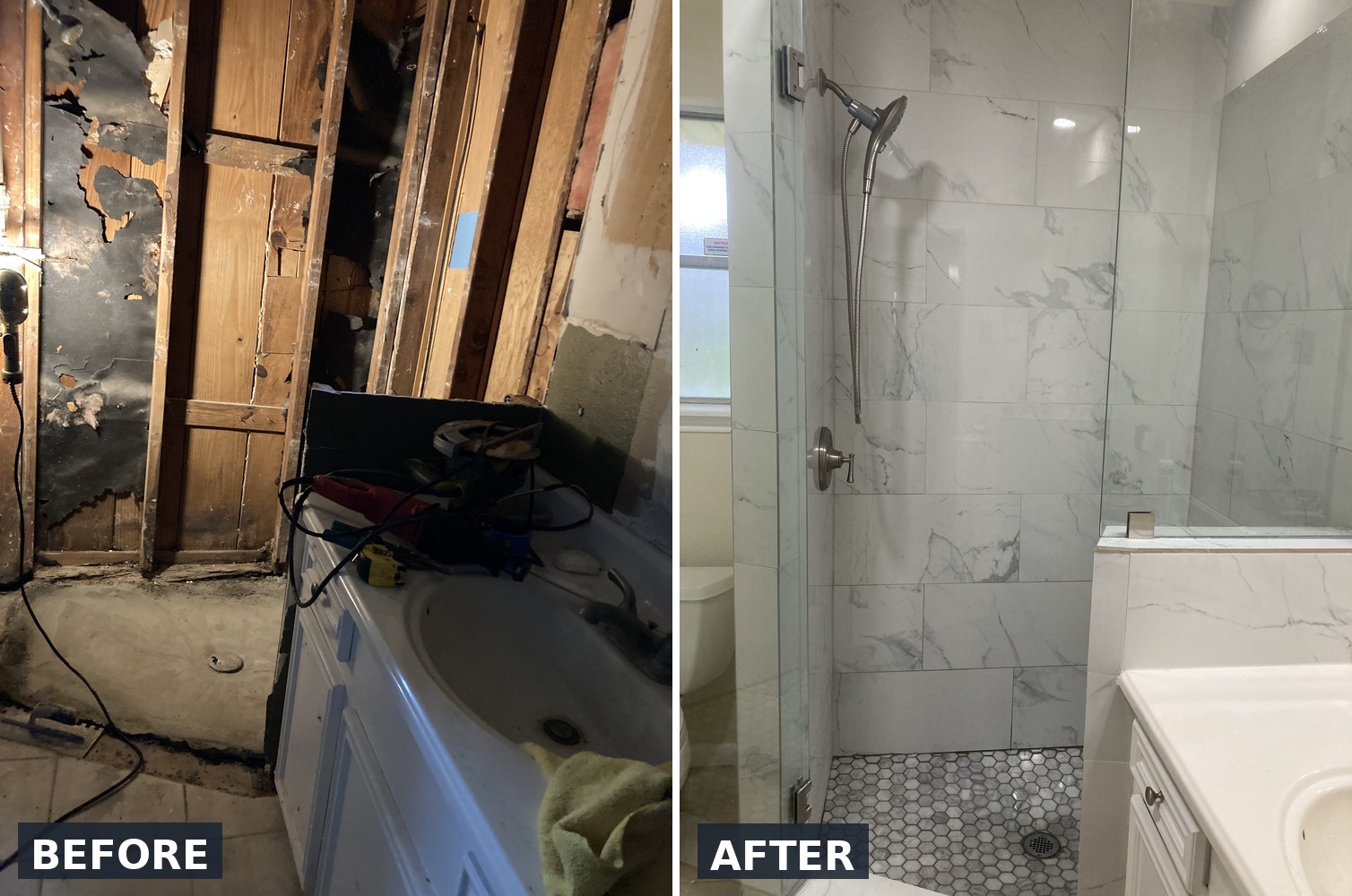Guest bathroom full gut remodel before and after, frameless glass shower