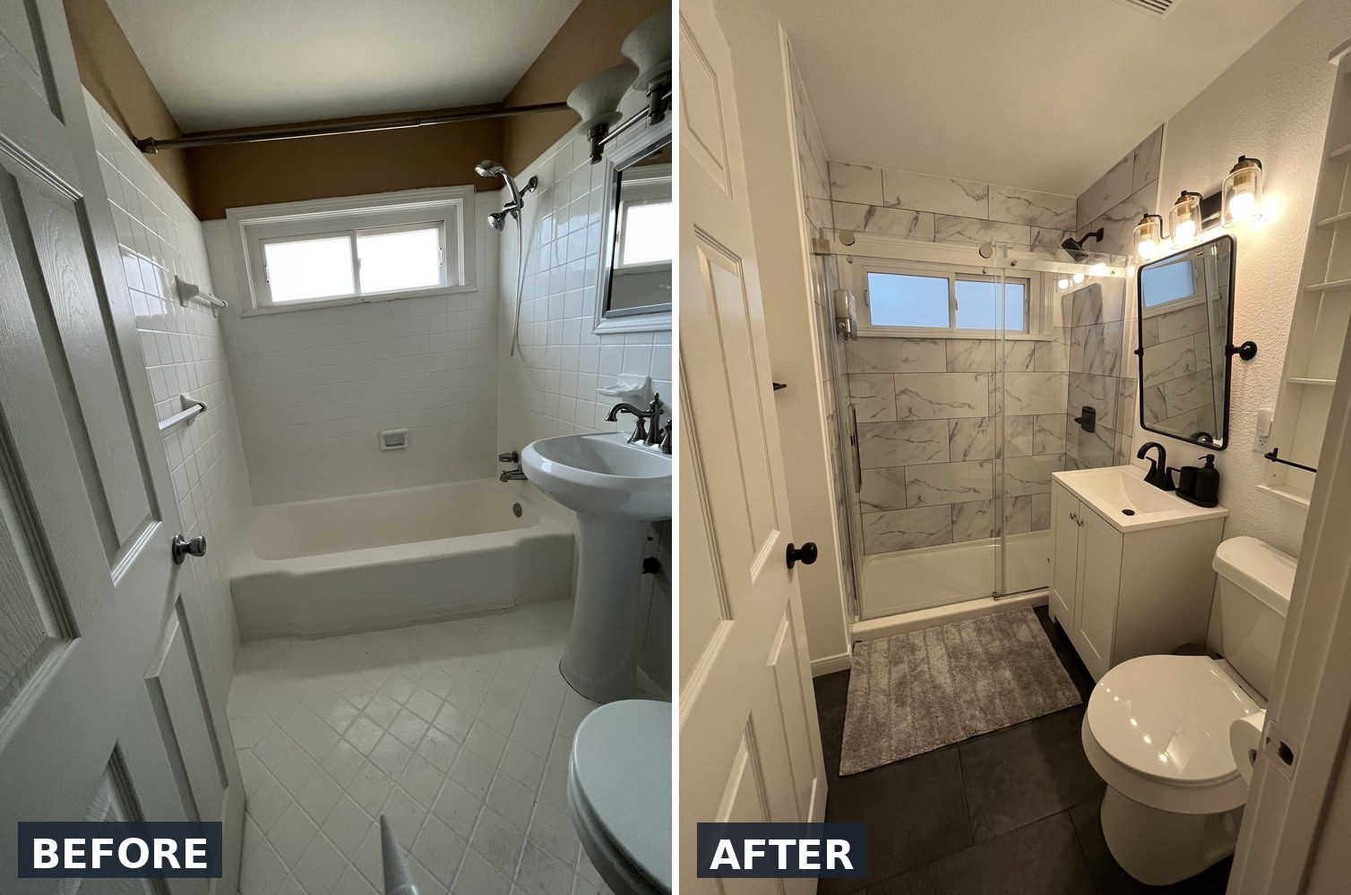 Hall bathroom remodel before and after with sliding glass shower