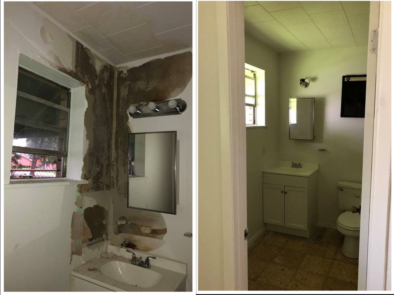 Bathroom drywall water damage repair before and after