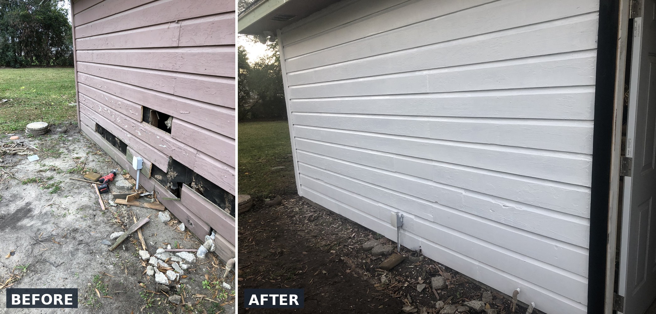 Garage wood siding repair before and after