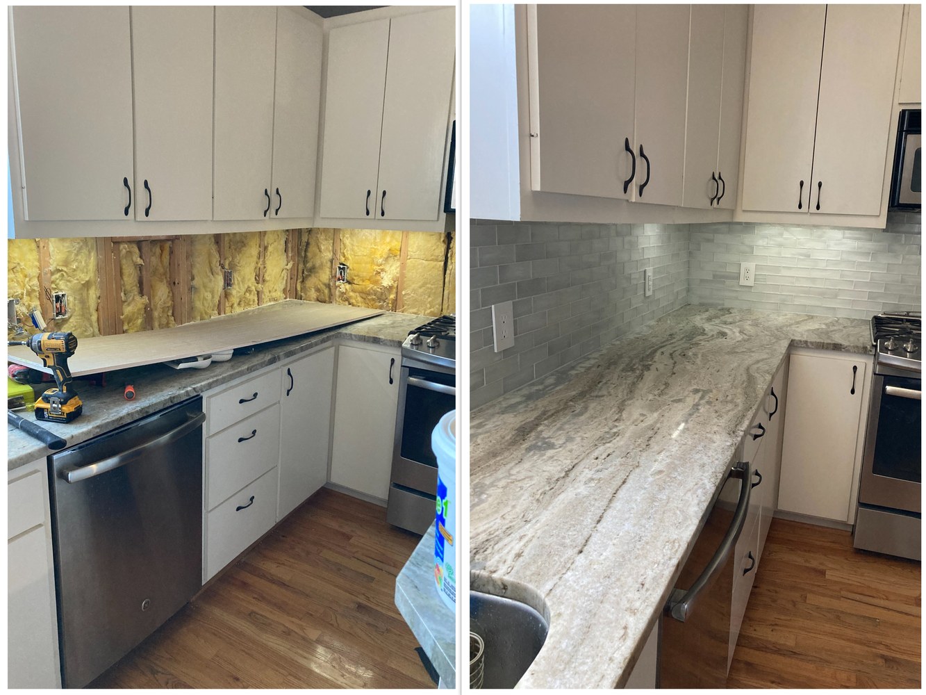 Kitchen backsplash and countertop remodel before and after