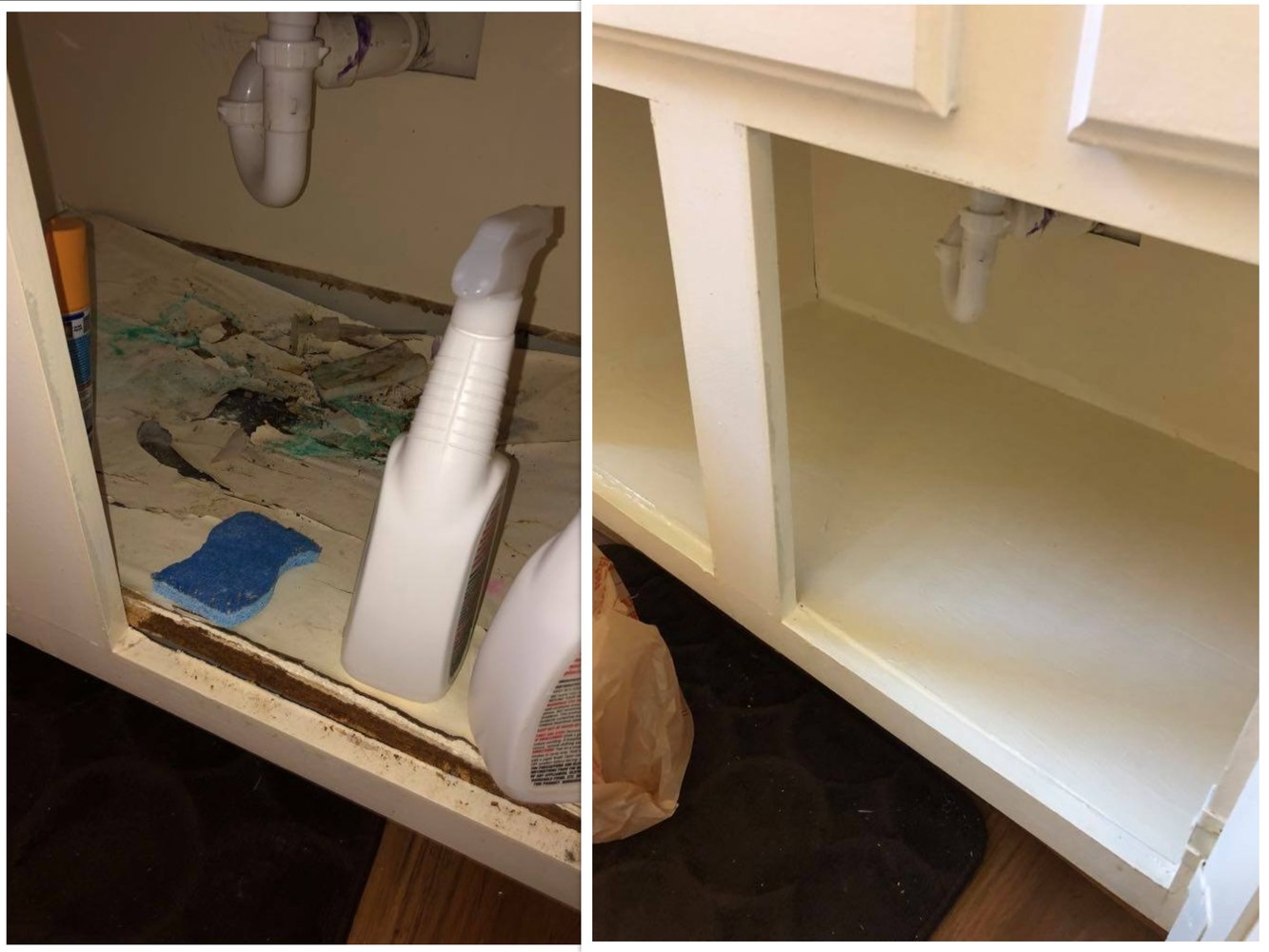 Kitchen under-sink cabinet water damage repair before and after